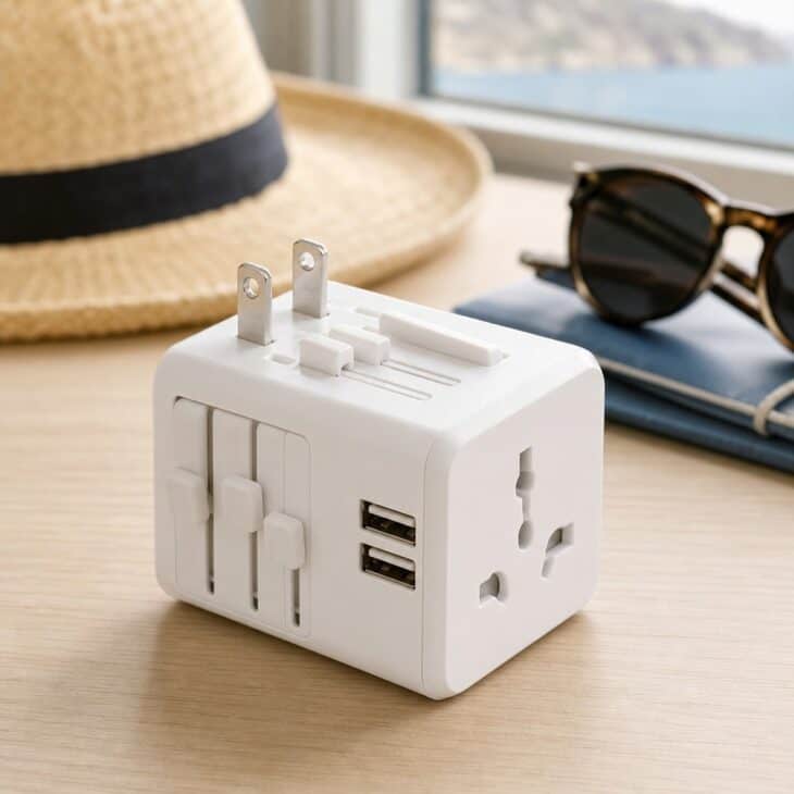 Universal travel adapter with sliding pins and USB ports