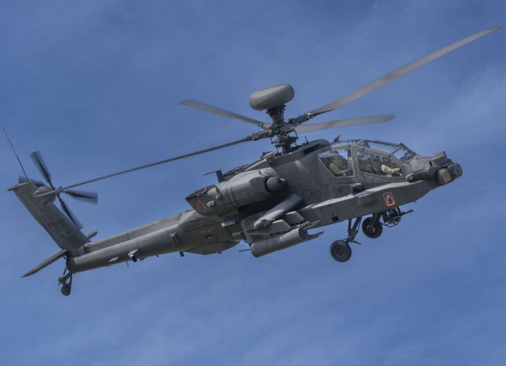 US Army AH-64E Apache Guardian banking in flight