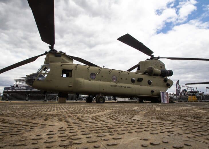 US Army CH-47F Chinook parked on an airfield apron