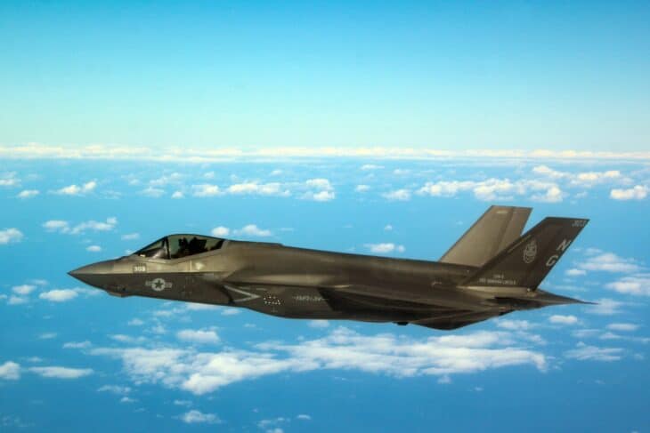 F-35C Lightning II of Marine squadron VMFA-314 flying above the clouds