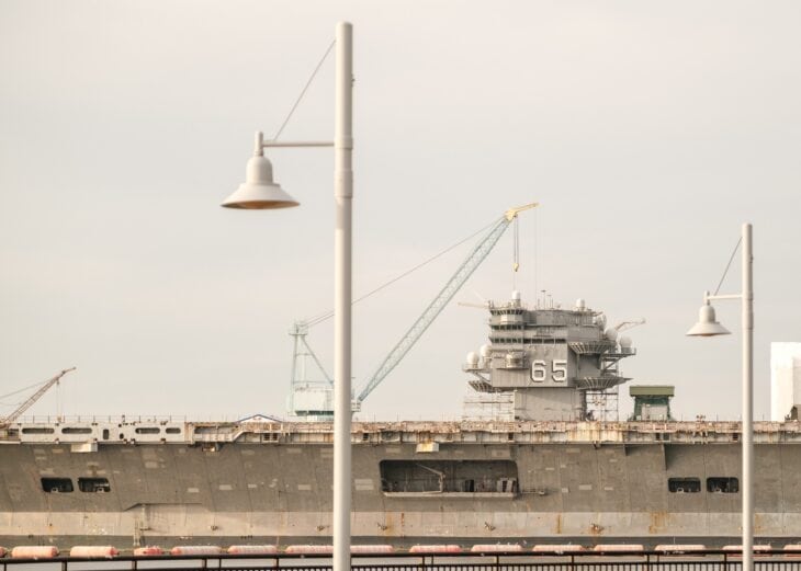 Island of the inactivated USS Enterprise CVN-65 at its Newport News pier
