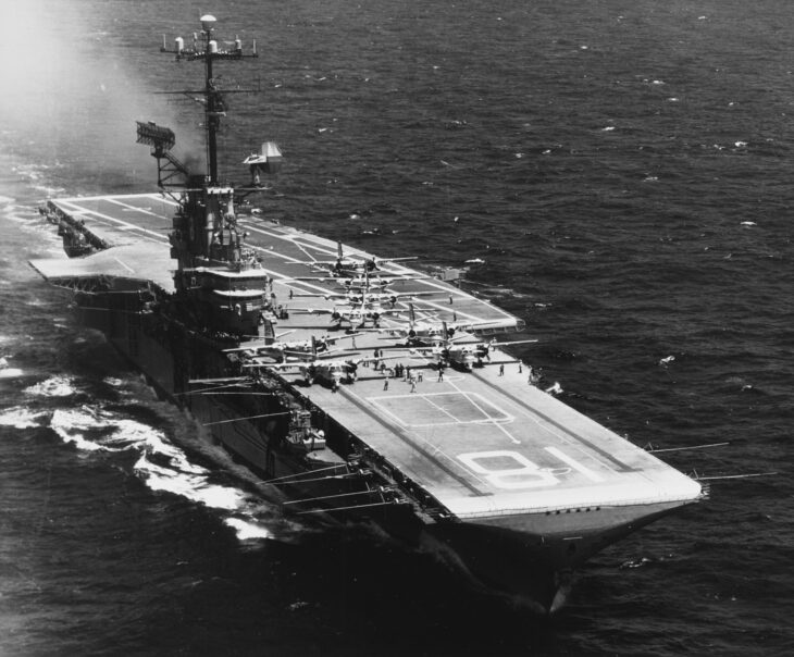 USS Wasp (CVS-18) underway at sea in early 1967 with Grumman S-2E Tracker antisubmarine aircraft of Carrier Anti-Submarine Air Group 52 parked on deck