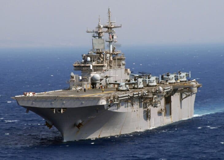 Amphibious assault ship USS Wasp (LHD-1) underway in the Gulf of Aqaba with U.S. Marine Corps MV-22 Ospreys of squadron VMM-263 on her flight deck