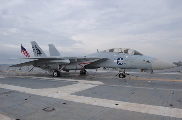 Grumman F-14 Tomcat parked on the flight deck of the museum carrier USS Yorktown at Patriots Point