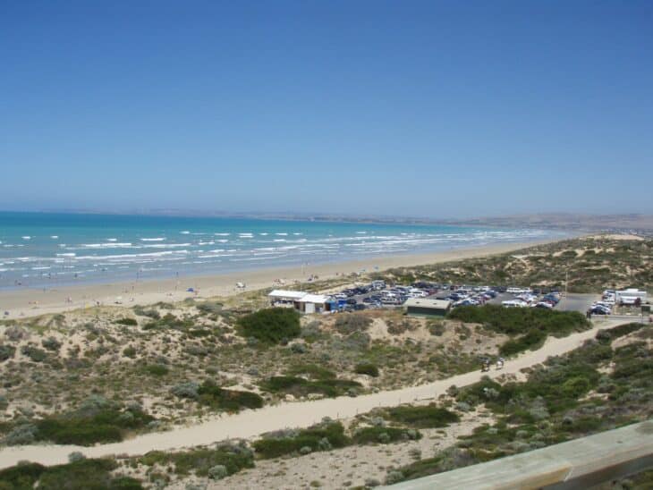 Goolwa Beach on the South Australian coast, with surf and sand dunes