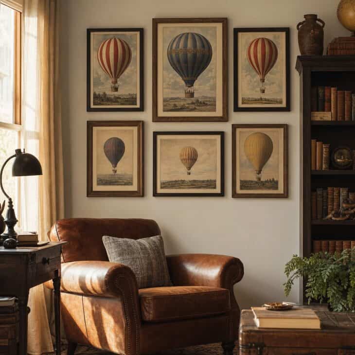Old balloon engravings give a wall an antique feel.