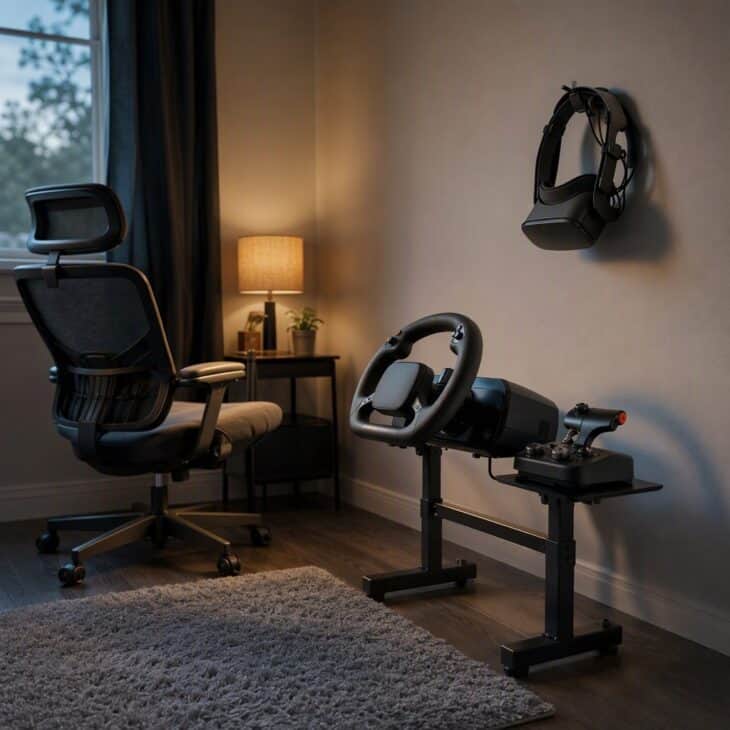 A clear corner and a wall hook make virtual-reality flying easy to start.