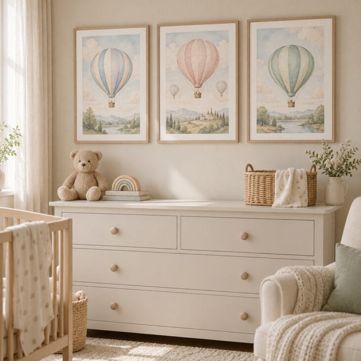Three matching prints make an easy gallery above a dresser.