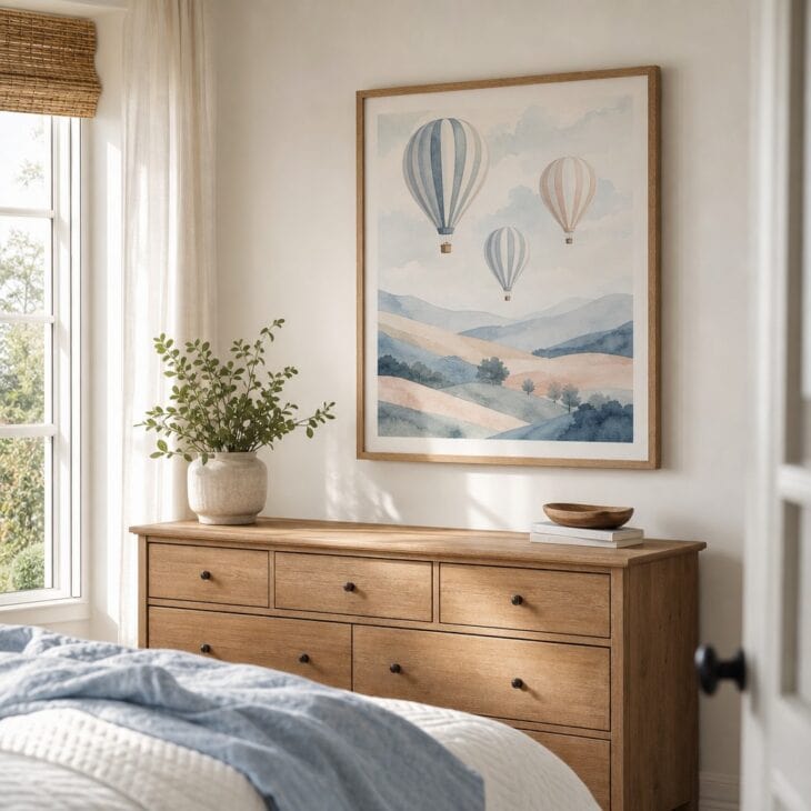 Soft watercolor skies work in a nursery or a living room.