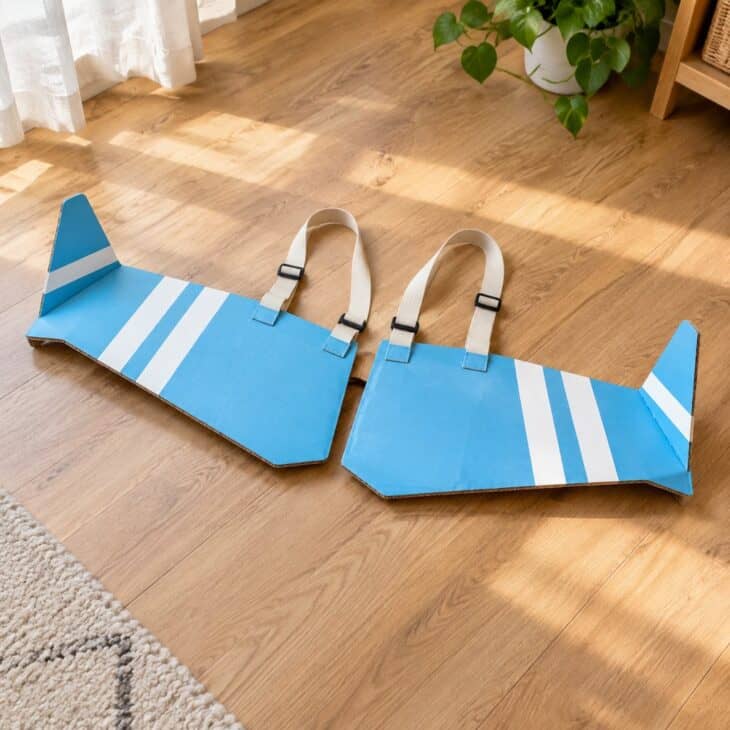 A pair of wearable cardboard airplane wings painted sky blue with white stripes and elastic shoulder straps