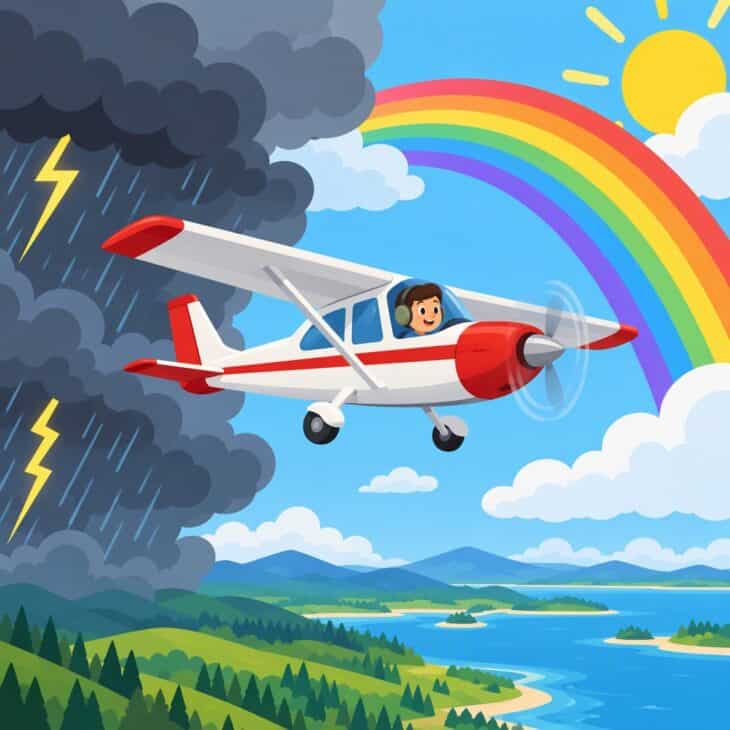 A small plane flies between sun and storm.