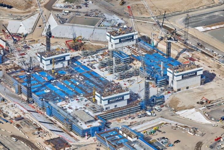 Cranes and blue formwork over the Western Sydney International terminal building under construction
