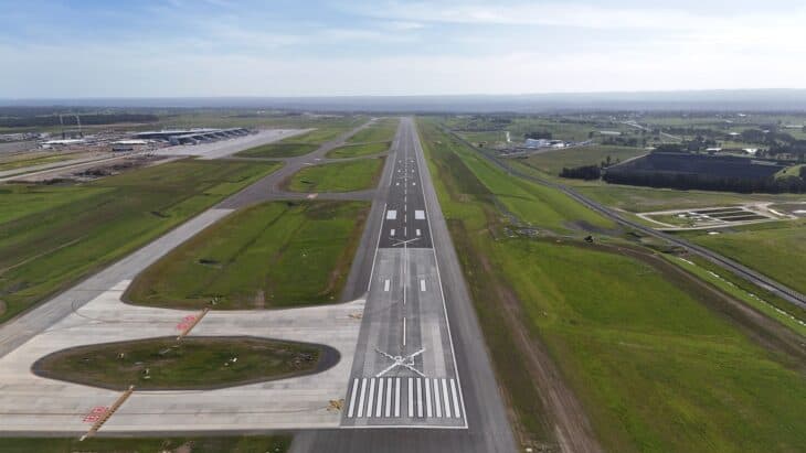 Aerial view of the Western Sydney International runway and taxiways in 2025