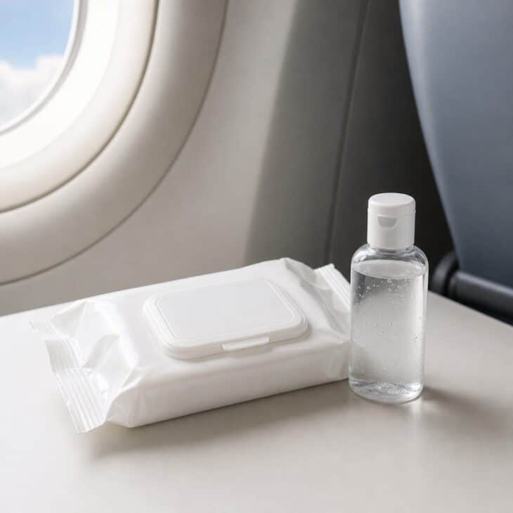 Flat pack of wet wipes and a small sanitizer bottle