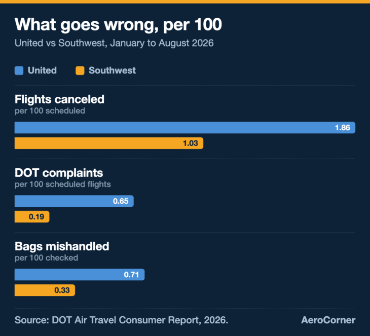 Southwest canceled fewer flights, drew fewer complaints and mishandled fewer bags per 100 than United from January to August 2026, though United arrived on time more often.
