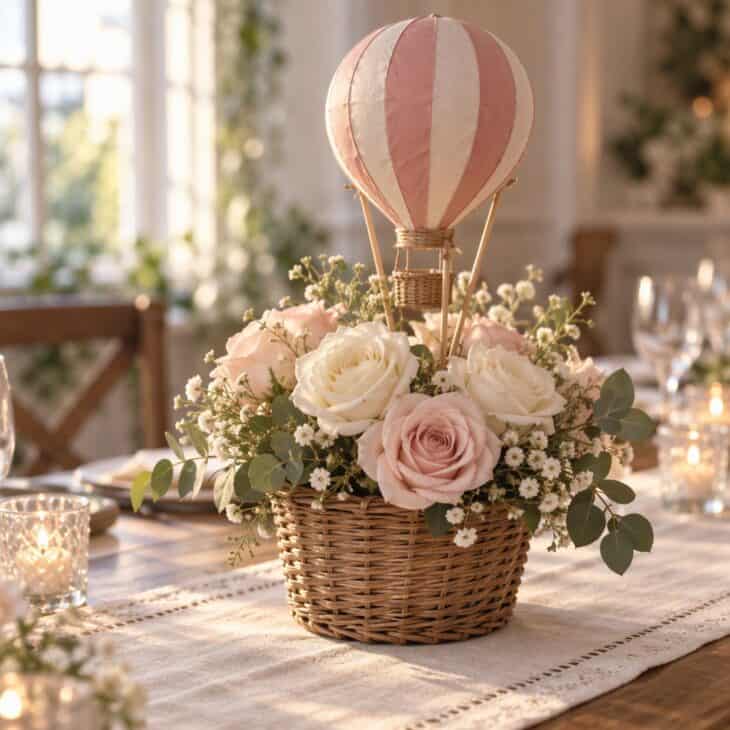 The basket holds the flowers and the balloon floats above them.