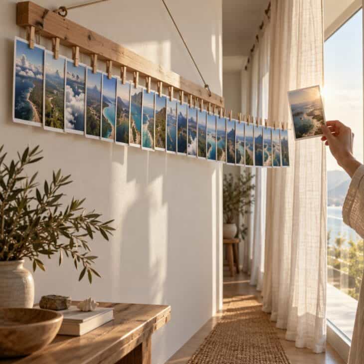 A hanger of aerial-view postcards, one per day.