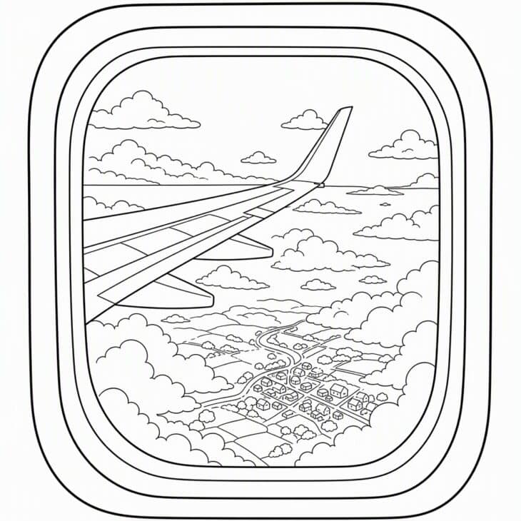 A rounded window frame, a wing and cloud tops.