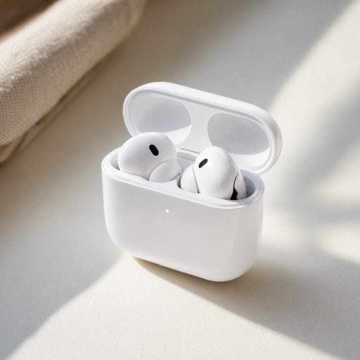 White wireless earbuds in an open charging case