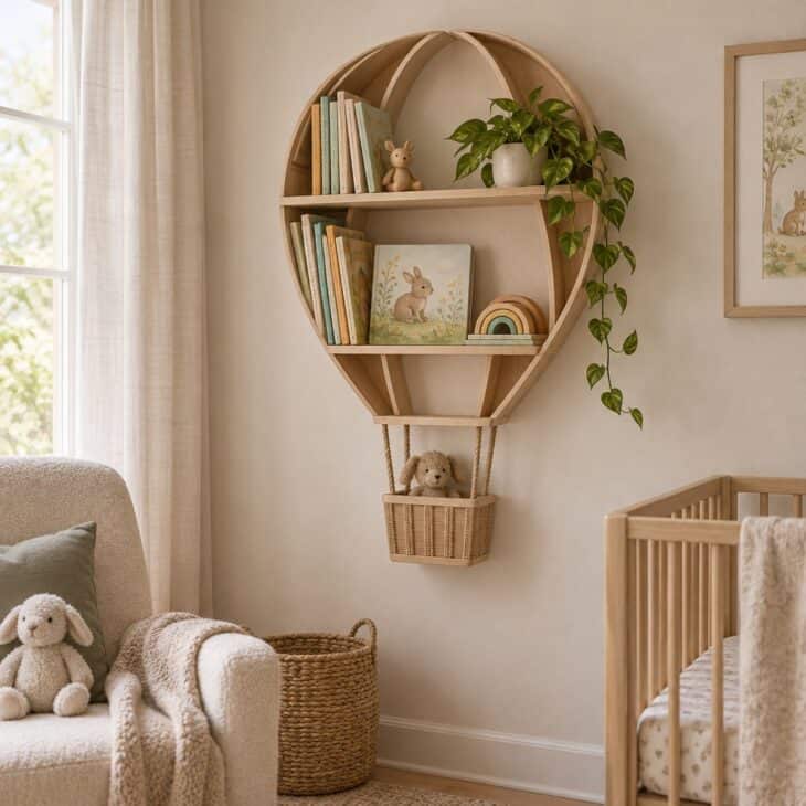 A balloon-shaped shelf works as storage and wall art in one.