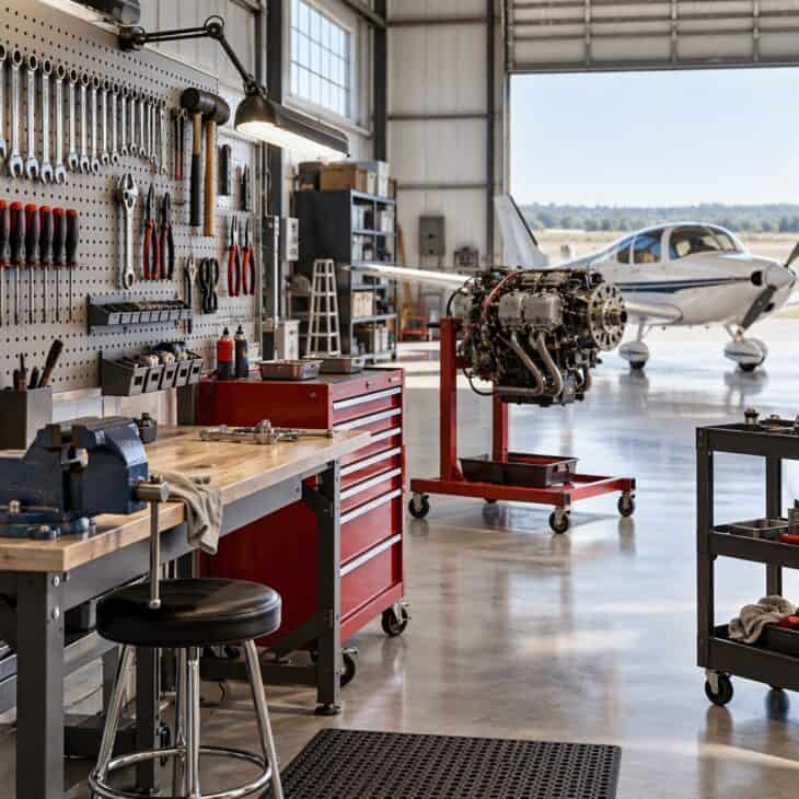A tool wall keeps the hangar working as a workshop.