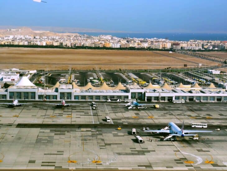 Aerial view of Hurghada International Airport terminal and apron