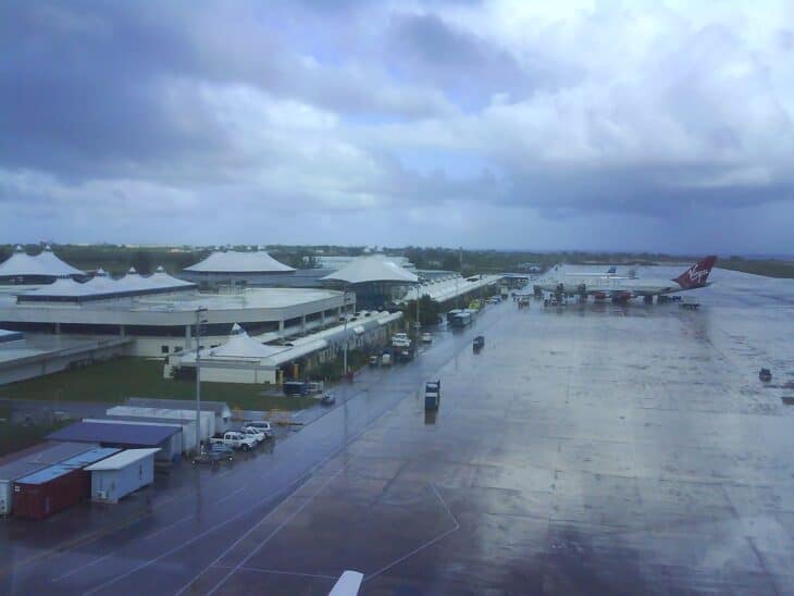 Aerial view of the terminal and apron at Grantley Adams International Airport in Barbados