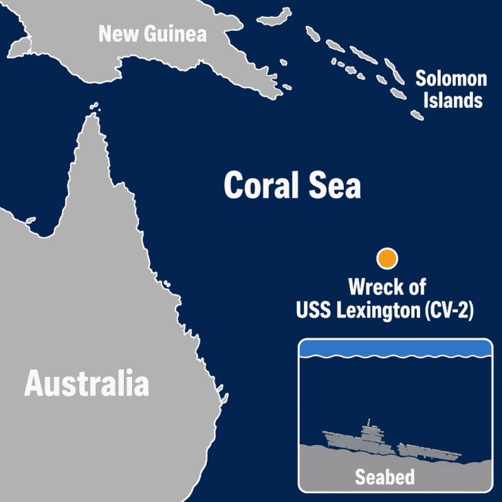 The wreck of the first Lexington lies in the open Coral Sea, far off the Queensland coast.