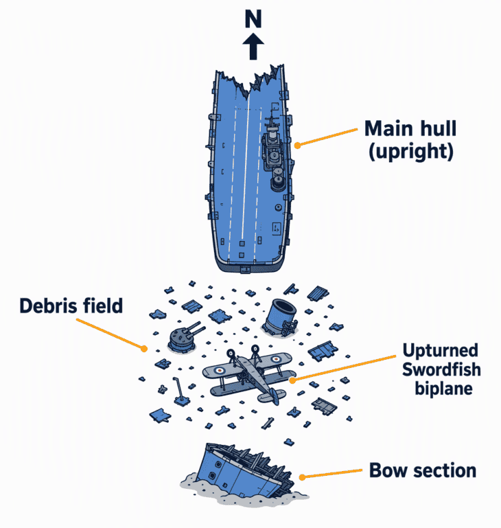 How the wreck lies: the main hull to the north, the bow and a field of wreckage, including an aircraft, to the south.