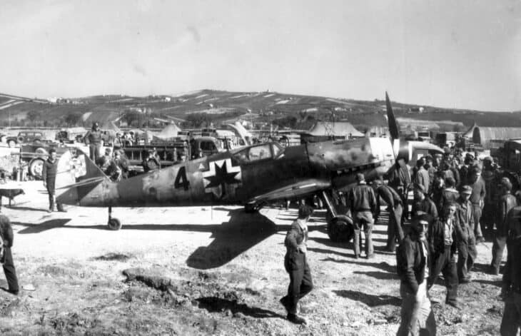 Croatian Air Force Messerschmitt Bf 109 with crowd of ground personnel at Falconara Marittima