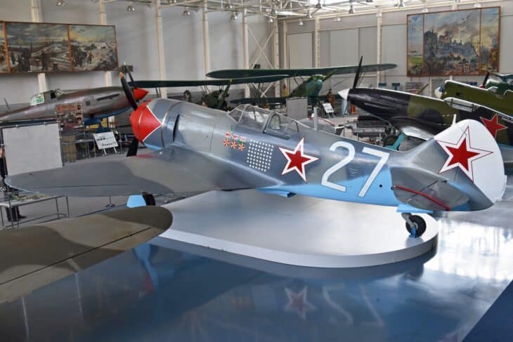 Lavochkin La-7 numbered 27 white on display in a museum hall