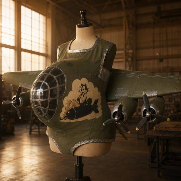 Painted nose art and four propellers are what make a bomber costume read as WWII.