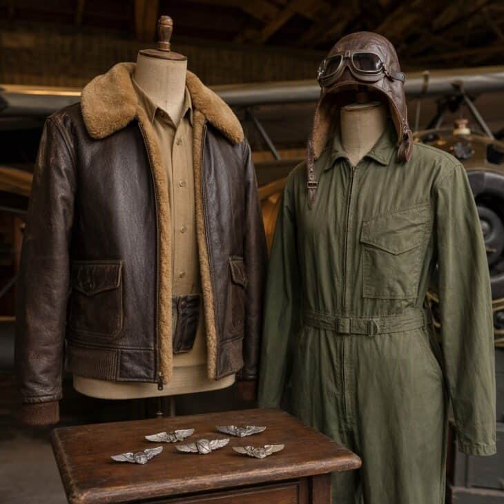 A sheepskin bomber jacket beside a flight coverall with helmet and goggles.
